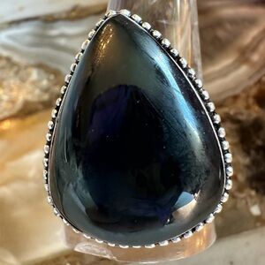 2512 Stunning Obsidian Stone Teardrop Ring with Silver Beading